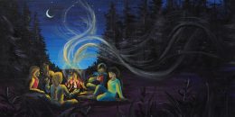 "Communications is Essential" illustration by Judy Corupe. A group sits warmly around a campfire at night.