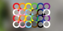 “Gender in Communications” illustration by Colin MacFadyen. A row of rings interlock in a mosaic of Pride flag colours.