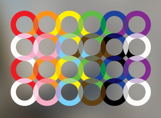 “Gender in Communications” illustration by Colin MacFadyen. A row of rings interlock in a mosaic of Pride flag colours.