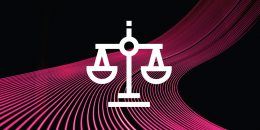 "Big Trends" illustration. A justice-like scale sits on a black background and a trail of pink light.